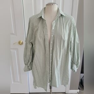 Eloquii green and white striped high low button front blouse
